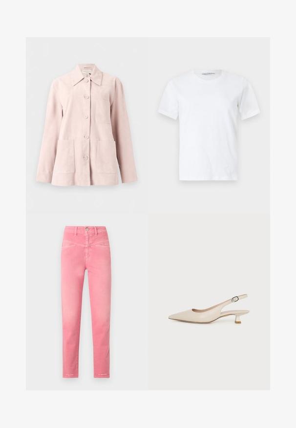 Veste en daim rose clair avec manches longues, devant boutonné, col ouvert, une poche poitrine et deux poches plaquées devant.; T-shirt blanc uni à manches courtes et col rond, posé à plat sur un fond clair, vue de face avec une petite étiquette de marque visible à l'intérieur du col.; Jean slim taille haute en rose vif avec poches avant, passants pour ceinture et fermeture par bouton métallique.; Chaussure slingback beige à bout pointu avec un petit talon kitten et une boucle latérale réglable sur fond blanc uni.
