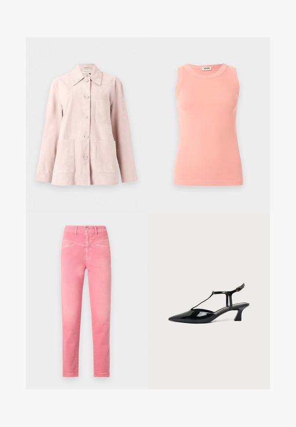 Veste en daim rose clair avec manches longues, devant boutonné, col ouvert, une poche poitrine et deux poches plaquées devant.; Débardeur rose côtelé sans manches avec col rond et étiquette Drykorn à l'arrière du col, présenté sur un fond clair uni.; Jean slim taille haute en rose vif avec poches avant, passants pour ceinture et fermeture par bouton métallique.; Chaussure slingback en cuir verni noir à bout pointu avec bride en T et petit talon bloc incliné sur fond blanc.