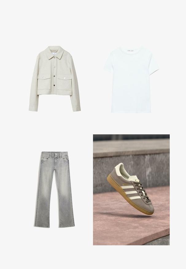 Cremefarvet cropped jakke lavet af filtede stoffer, med krave, frontknaplukning og to store klaplommer.; Ensfarvet hvid kortærmet bomuldst-shirt med rund hals, vist fladt på hvid baggrund, uden synlige mønstre eller logoer.; Grå denim flared jeans med en afdæmpet finish, der har en knaplukning, fem lommer og syet detaljering langs taljebåndet og kanten.; Lysebrun ruskinds Adidas-sneaker med hvide striber og gummisål, svævende over lyserøde stentrapper udendørs.