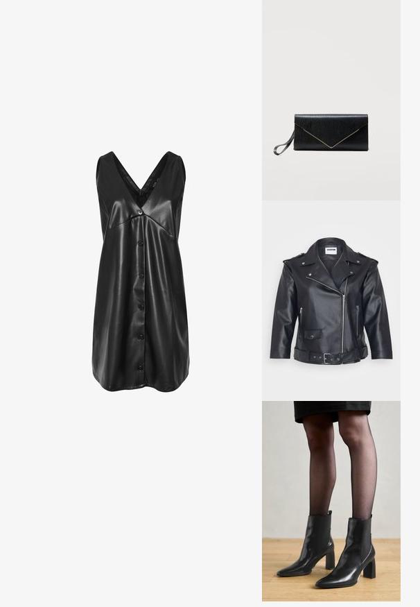 Chaqueta de moto de cuero negro con cuello con muescas, cremallera asimétrica, bolsillos laterales y cintura ajustada con cinturón. Acabado texturizado y herrajes metálicos.; Vestido negro sin mangas de cuero sintético con escote en V, botonadura en la parte frontal y dobladillo ligeramente acampanado.; Botines de cuero negro hasta el tobillo con punta afilada, tacón cuadrado grueso y diseño elegante. Presentan paneles laterales elásticos para facilitar el uso.; Bolso de mano de cuero negro con textura de lagarto, ribete triangular dorado en la solapa y correa de muñeca en el lado izquierdo sobre un fondo blanco lisa.