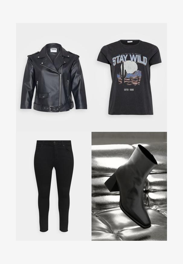Chaqueta de moto de cuero negro con cuello con muescas, cremallera asimétrica, bolsillos laterales y cintura ajustada con cinturón. Acabado texturizado y herrajes metálicos.; Camiseta de algodón negra con un estampado gráfico de una escena del desierto con cactus, una luna y la frase "MANTENTE SALVAJE" en letras azules.; Vaqueros skinny negros hechos de una tela elástica, con bolsillos delanteros, cierre de botón y un diseño elegante sin patrones ni adornos visibles.; Botín negro de tobillo hecho de material brillante, con punta cuadrada y tacón cónico, contra un fondo plateado brillante con almohadillado.