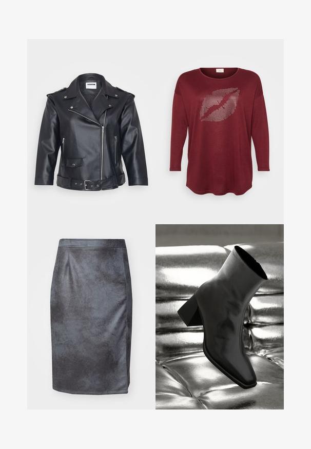 Schwarze Leder-Motorradjacke mit einem eingekerbten Kragen, asymmetrischem Reißverschluss, seitlichen Taschen und einem Gürtel in der Taille. Strukturiertes Finish und metallische Hardware.; Bordeauxfarbener Langarm-Top aus einem weichen Material mit einem silbernen, genieteten Lippenprint in der Mitte. Rundhalsausschnitt und leicht geschwungener Saum.; Grauer Kunstleder-Bleistiftrock mit glatter Textur, hoher Taille und Schlitzdetail auf der linken Seite. Keine sichtbaren Verschlüsse oder Muster.; Schwarzer Knöchelstiefel aus glänzendem Material mit quadratischer Zehenform und verjüngtem Absatz, vor einem glänzenden silbernen gepolsterten Hintergrund.