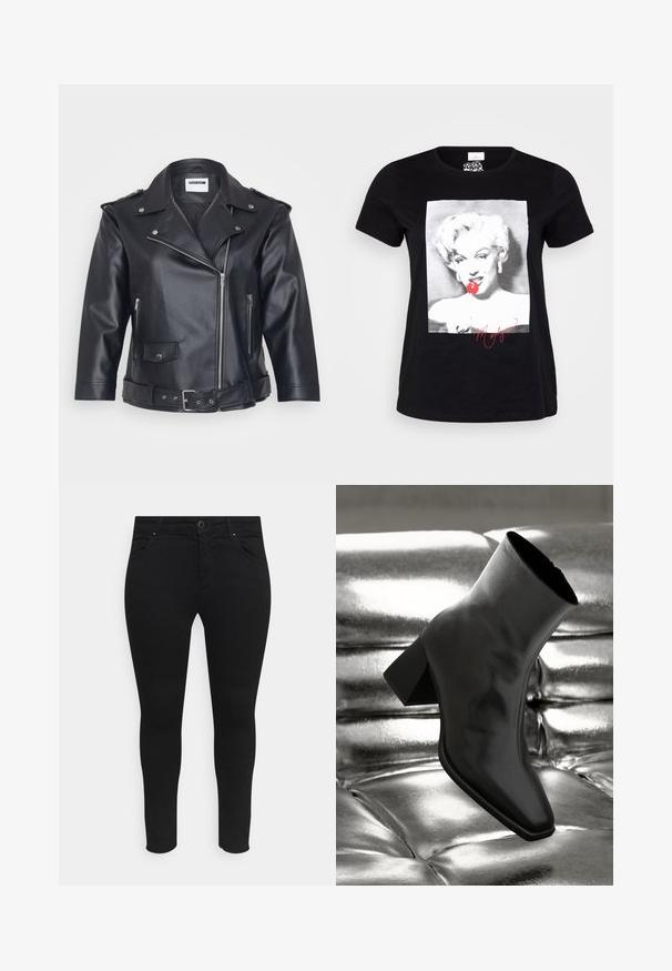 Sort lædermotorcykeljakke med spids krave, asymmetrisk lynlås, sidelommer og bælte i taljen. Tekstureret overflade og metallisk hardware.; ONLY Carmakoma CARNEWMARILYN TEE - T-shirts print - black; Sorte skinny jeans lavet af et strækstof, med forlommer, en knaplukning og et strømlinet design uden synlige mønstre eller udsmykninger.; Sorte ankelstøvler lavet af glossy materiale med firkantet tå og spidse hæle, sat mod en skinnende sølv tuftet baggrund.