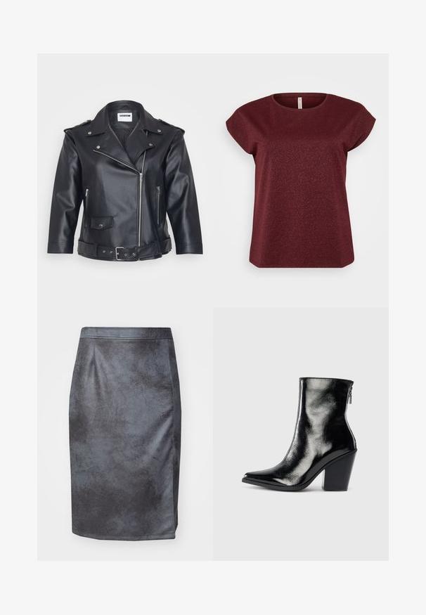 Schwarze Leder-Motorradjacke mit einem eingekerbten Kragen, asymmetrischem Reißverschluss, seitlichen Taschen und einem Gürtel in der Taille. Strukturiertes Finish und metallische Hardware.; Bordeauxfarbenes Kurzarmoberteil mit Rundhalsausschnitt, gefertigt aus einem strukturierten Stoff mit dezenten Glitzerelementen. Saubere, schlichte Silhouette.; Grauer Kunstleder-Bleistiftrock mit glatter Textur, hoher Taille und Schlitzdetail auf der linken Seite. Keine sichtbaren Verschlüsse oder Muster.; Schwarze Leder-Ankle Boots mit glänzendem Finish, spitzer Zehenform und Blockabsatz. Verfügt über einen seitlichen Reißverschluss für ein einfaches Anziehen.