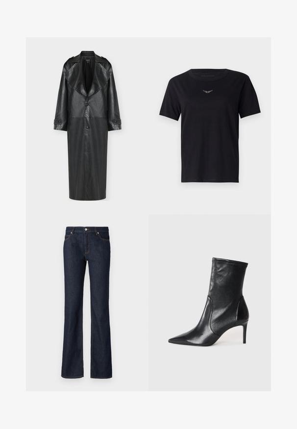 Manteau en cuir noir à silhouette longue, larges revers et fermeture à boutons sur le devant, avec des détails aux poignets et une texture lisse.; T-shirt en coton noir avec un col rond, des manches courtes et un logo texturé subtil en argent sur la poitrine. Finition en tissu lisse.; Jean en denim bleu foncé avec une coupe évasée, design à cinq poches et surpiqûres orange contrastantes le long des coutures et des poches.; Bottes noires à la cheville en cuir lisse, dotées d'un bout pointu, d'un tige ajustée et d'un talon haut fin. Design minimaliste sans quincaillerie visible.