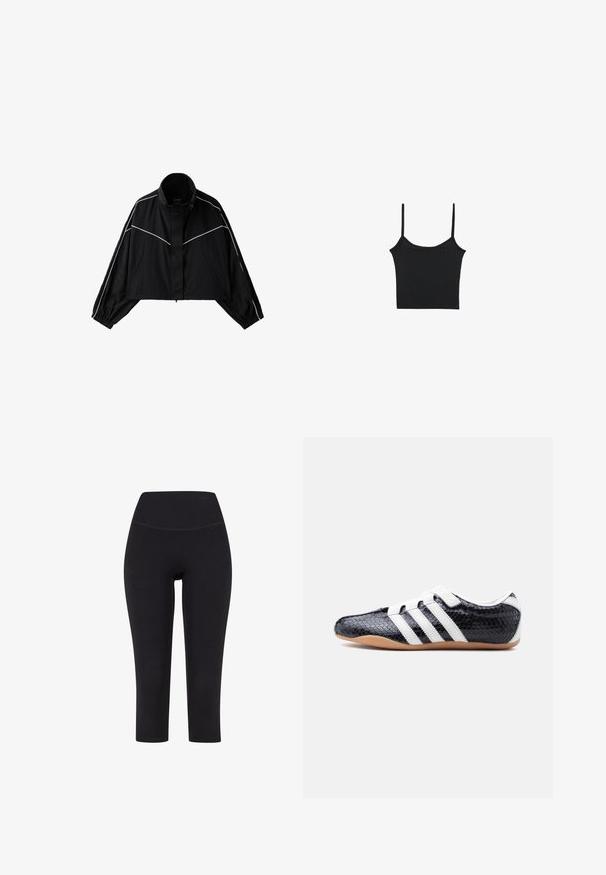 Schwarze kurze Jacke mit hohem Kragen und weißen diagonalen und Ärmel-Einfassungen, elastischen Bündchen und vorderen Taschen mit Reißverschluss.; Stradivarius Top - black; Schwarze 3/4-Leggings aus dehnbarem Material mit hohem Taillenbund und ohne sichtbare Muster oder Hardware.; Schwarzer Sneaker mit weißen Streifen und Klettverschlüssen, strukturierter Oberfläche und Sohle aus Gumgummi, seitlich auf weißem Hintergrund gezeigt.