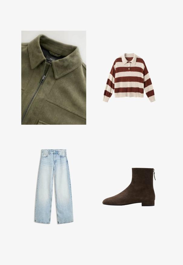 Olijf groene suède-achtige jas met een kraag, een frontale rits en twee borstzakken. Soepele textuur met subtiele stikdetails.; Gebreide pullover met een kraaghals en horizontale strepen in roomwit en roest. Zachte textuur met een relaxte cropped pasvorm en een knoopsluiting.; Lichtblauwe denim wijde jeans met een hoge taille, vijf zakken, een knoopsluiting en een vervaagde afwerking. Heeft rechte, losse benen.; Bruine suède enkellaarzen met een gladde textuur, een afgeronde neus en een lage blokhak. Voorzien van een zijrits voor gemakkelijk aan- en uitrekken.