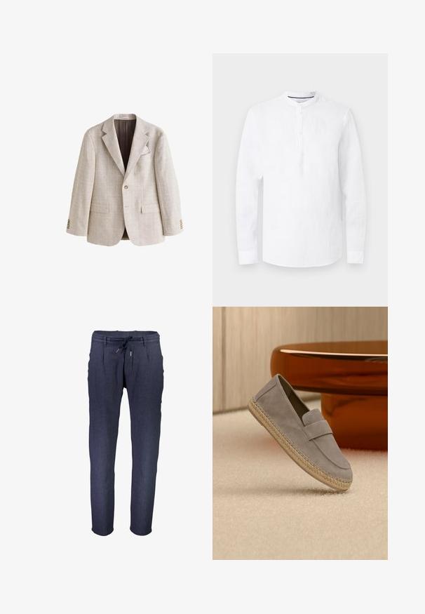 Blazer beige de cuadros con solapas con muesca, cierre de un solo botón, dos bolsillos delanteros con solapa, puños con cuatro botones y un pañuelo de bolsillo.; Camisa blanca de manga larga con cuello mandarín y tapeta con tres botones, mostrada extendida sobre un fondo gris claro.; Pantalones tapered de color azul marino, hechos de una tela texturizada, con una cinturilla elástica y cordón ajustable, además de bolsillos laterales.; Mocasín de ante gris claro con suela de yute trenzado, apoyado sobre una alfombra beige con una mesa marrón brillante en el fondo.