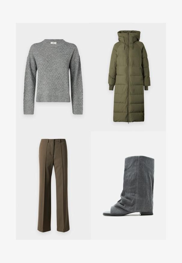 Manteau matelassé long, vert olive, avec une capuche, présentant une fermeture éclair, des poignets côtelés et un design matelassé.; JDY Knitted JDYBIGUM Knitted - Pullover - medium grey; Pantalons marron ajustés avec une coupe droite, devant plissé et taille classique. Fabriqués en tissu lisse avec une finition raffinée.; Botte grise douce, tombante, mi-mollet, à bout ouvert et petit talon carré, en tissu texturé.