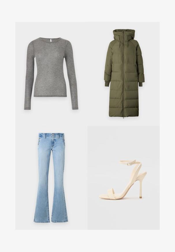 Manteau matelassé long, vert olive, avec une capuche, présentant une fermeture éclair, des poignets côtelés et un design matelassé.; Samsøe Samsøe DOU - T-shirt à manches longues - grey; Jean en denim bleu clair taille haute avec jambes évasées et boutons argentés le long des poches latérales sur un fond blanc.; Sandale à talon haut beige avec une sangle fine autour de la cheville et un bout carré. Matériau synthétique lisse, design minimaliste et talon aiguille.