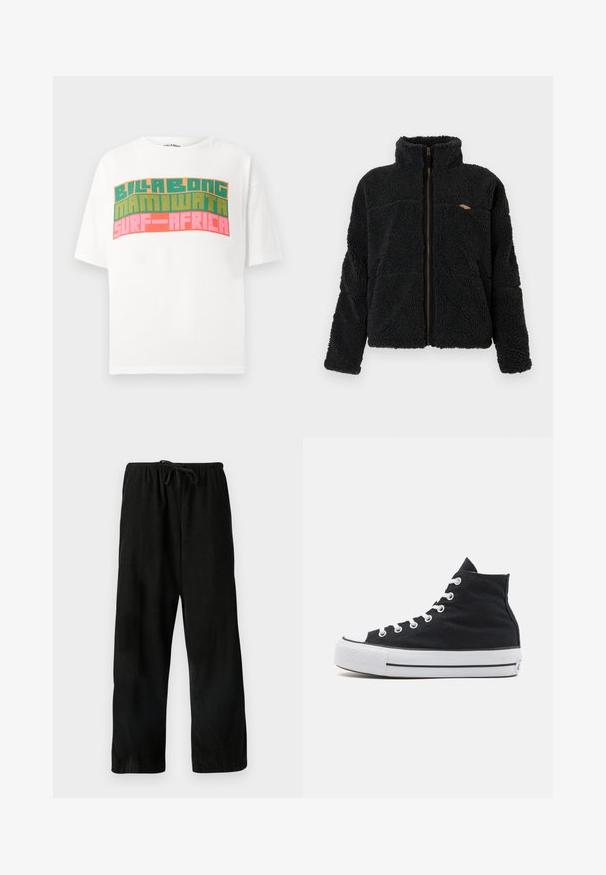 Mustan fleece-takin korkea kaulus, vetoketjukiinnitys ja kohokuvioitu kangas. Siinä on kaksi sivutaskua ja pieni logo yksityiskohta rinnassa.; Valkoinen lyhythihainen t-paita, jossa on retro-tyylinen tekstipainatus "BILLABONG MAMIWATA SURF AFRICA" oranssina, vihreänä ja vaaleanpunaisena.; Mustat, leveät housut tekstuuripinnoitteella, joissa on joustava vyötärö ja kiristysnauha säädettävää istuvuutta varten. Ei näkyviä kuvioita tai korostuksia.; Mustat korkeat kangaskengät valkoisella kumitossulla, valkoisilla nauhoilla ja teksturoidulla mustalla päällisellä. Musta-valkoinen raidallinen välipohja.