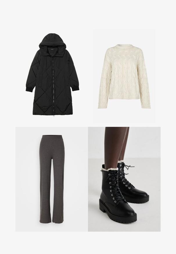 Schwarze, gesteppten Puffermantel mit Kapuze, ausgestattet mit einem Reißverschluss, seitlichen Taschen und elastischen Bündchen. Glattes, wasserabweisendes Material.; Envii FIONA - Strickpullover - beige; Graue, gerippte Strickhose mit weitem Bein und elastischem Bund. Der Stoff hat eine strukturierte Optik und sorgt für eine bequeme Passform.; Schwarze Schnürstiefeletten mit klobigen Sohlen und weißem Fleece-Futter, getragen von einer Person, die auf einem hellen Boden steht.