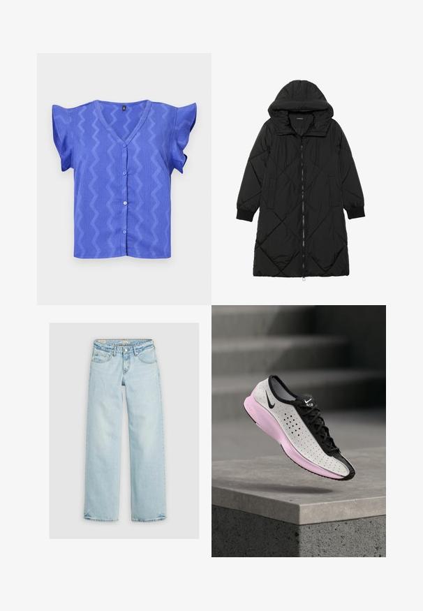 Abrigo acolchado negro con capucha, que cuenta con cierre de cremallera, bolsillos laterales y puños elásticos. Fabricado con un tejido liso y resistente al agua.; Blusa azul de manga corta con cuello en V, que presenta un patrón en zigzag y cierre de botones en el frente. Tejido texturizado con mangas de volantes.; Jeans de pierna ancha de color azul claro, hechos de mezclilla. Presentan un estilo clásico de cinco bolsillos, cierre con botón y detalles de costura en los bolsillos.; Zapatilla deportiva Nike blanca y negra con suela rosa, flotando sobre un borde de concreto con escalones en el fondo desenfocado.