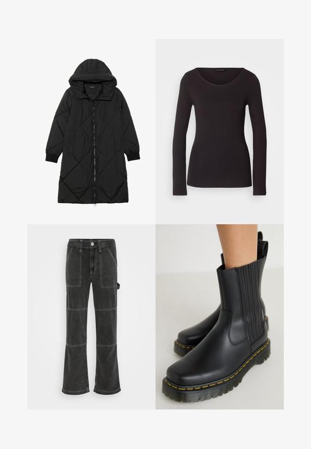 Schwarze, gesteppten Puffermantel mit Kapuze, ausgestattet mit einem Reißverschluss, seitlichen Taschen und elastischen Bündchen. Glattes, wasserabweisendes Material.; Schwarzes Langarmoberteil aus glattem Stoff mit rundem Halsausschnitt und figurnaher Silhouette; es hat weder Muster noch Akzente.; BDG Urban Outfitters UTILITY SKATE - Jeans Relaxed Fit - washed black; Schwarze Knöchelstiefel mit einer glatten, matten Oberfläche. Verfügt über vertikale Nähte, eine klobige Sohle mit gelben Nähten und einer Zuglasche auf der Rückseite.