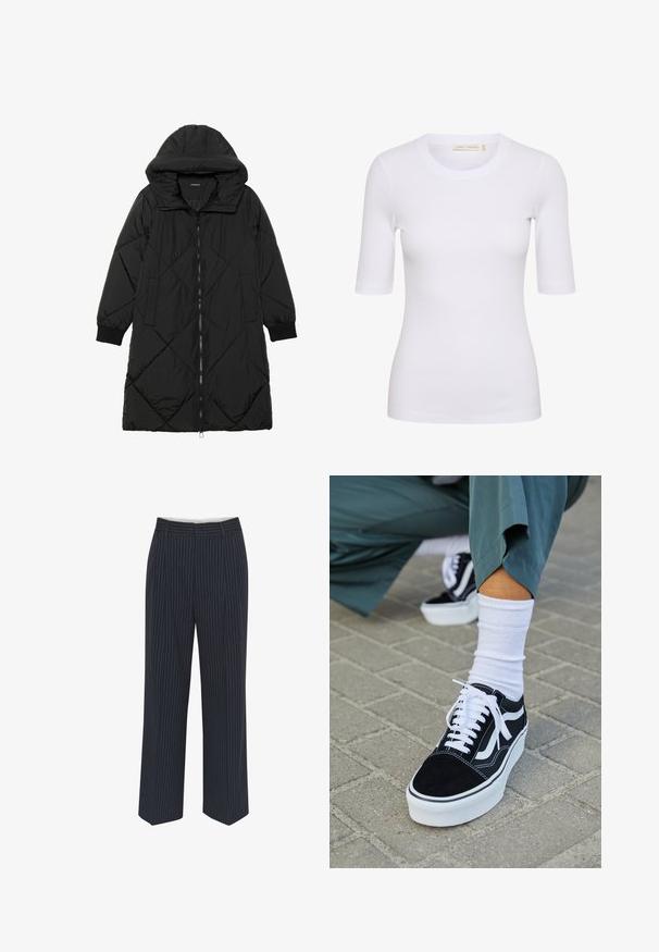 Manteau matelassé noir avec capuche, doté d'une fermeture éclair, de poches latérales et de poignets élastiques. Tissu lisse et résistant à l'eau.; T-shirt blanc à côtes avec un col rond et des manches courtes. Le tissu semble doux et extensible, au design ajusté avec un détail de logo subtil.; Pantalons bleu marine avec des rayures verticales blanches, design à jambes larges, tissu lisse, passants de ceinture et pli sur le devant pour un look ajusté.; Baskets en suède noir avec des accents et des lacets blancs, présentant une épaisse semelle blanche et des coutures contrastantes, associées à une chaussette blanche.