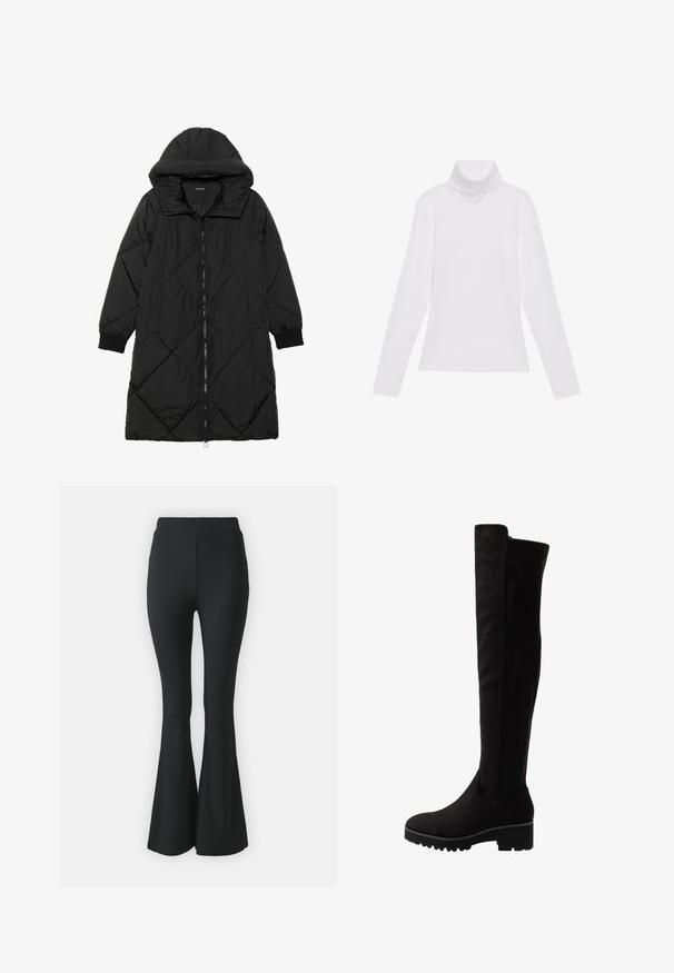 Zwarte gewatteerde pufferjas met een capuchon, voorzien van een ritssluiting, zijzakken en elastische manchetten. Glad, waterafstotend materiaal.; Witte lange mouw turtleneck top gemaakt van glad, elastisch materiaal. Voorzien van een hoge kraag en een getailleerd ontwerp, zonder zichtbare patronen of versieringen.; Zwarte flared broeken van rekbare stof. Heeft een hoge tailleband en een gladde, aansluitende pasvorm die vanaf de knie uitloopt.; Zwarte over-de-knie laarzen van zachte suede met een platte zool, voorzien van een ronde neus en elastische zijpanelen voor gemakkelijk aan- en uittrekken.