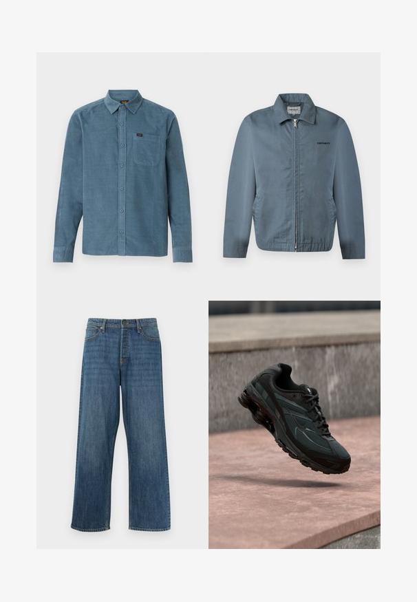 Miesten sininen vetoketjullinen takki, jossa on kaulus ja sivutaskut, vasemmassa rinnassa pieni musta Carhartt-logo.; Pitkähihaiseen siniseen corduroy-paitaan kuuluu napillinen kaulus, etutasku ja hillitty brändäys taskussa.; Siniset suorat farkut, klassisella viiden taskun designilla ja nappisulkimisella, esitetty yksinkertaisen valkoisen taustan edessä.; Mustat urheilukengät, joissa näkyvä ilmavaimennuksella varustettu välipohja kelluu vaaleanpunaisen kiven pinnan yläpuolella harmaan kiviseinän taustalla.