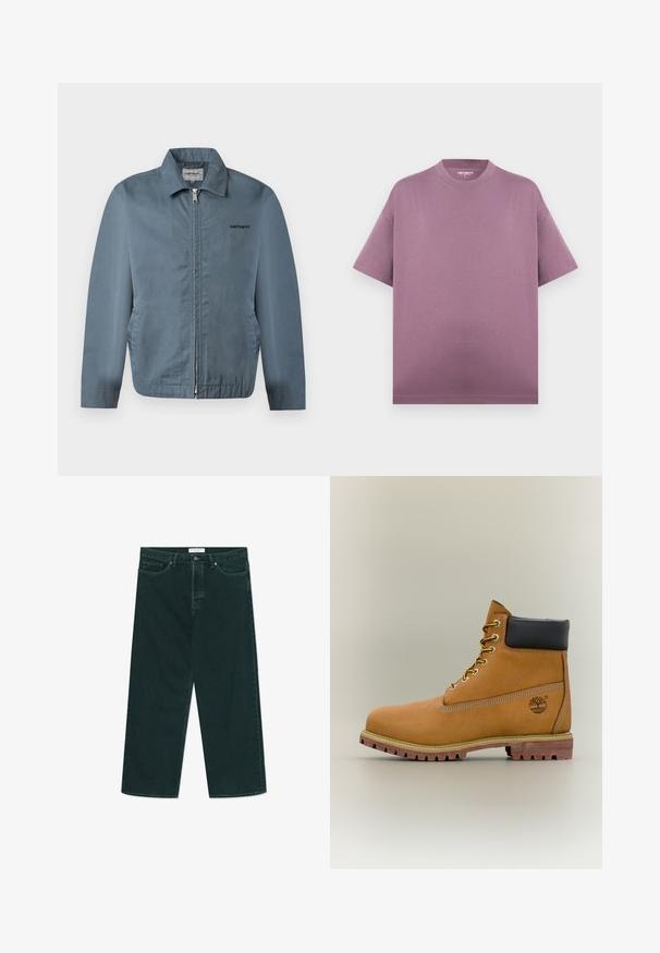 Herrenblaue Reißverschlussjacke mit Kragen und Seitentaschen, versehen mit einem kleinen schwarzen Carhartt-Logo auf der linken Brust.; Kurzärmeliges oversized T-Shirt mit Rundhalsausschnitt in gedämpftem Mauve, ohne sichtbare Grafiken oder Muster, vor einfachem Hintergrund.; Dunkelgrüne weit geschnittene Jeans aus Denim mit Knopf- und Reißverschluss, Fronttaschen und Gürtelschlaufen, flach auf einem weißen Hintergrund ausgelegt.; Brauner Leder-Stiefelette mit schwarzem Kragen, gelben Schnürsenkeln und hellbrauner Sohle. Verfügt über ein Logo und weiße Ziernähe. Robuste Profilsohle.