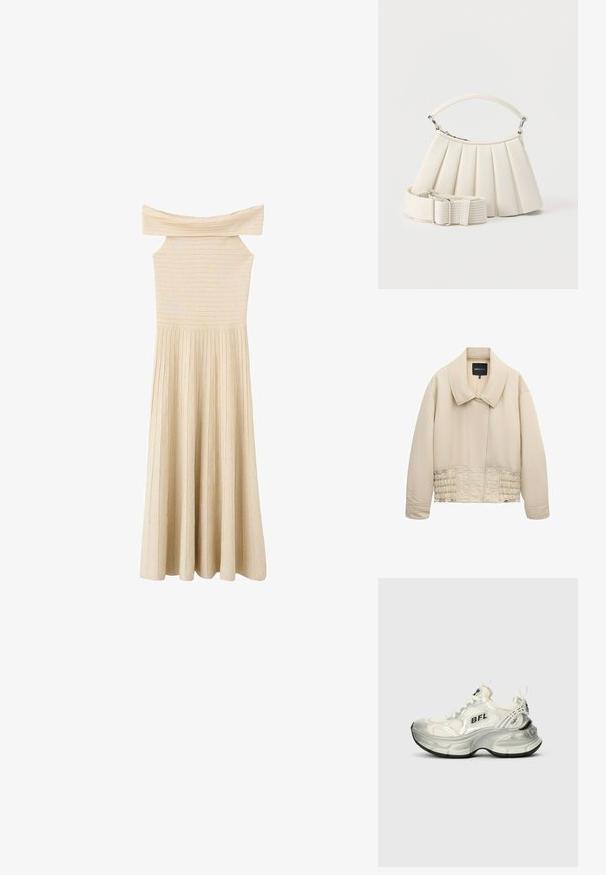 Veste beige courte avec col large, manches longues, détails cousus le long de la taille et fermeture avant cachée.; Robe midi beige sans manches en tricot côtelé avec un décolleté épaules dénudées et un corsage ajusté s'évasant sur une jupe plissée.; Sneaker athlétique chunky avec une tige argent translucide, des accents noirs, une semelle texturée et un logo prominent sur le côté.; Sac à main blanc plissé avec poignée courte et une large bandoulière amovible texturée avec boucle argentée.