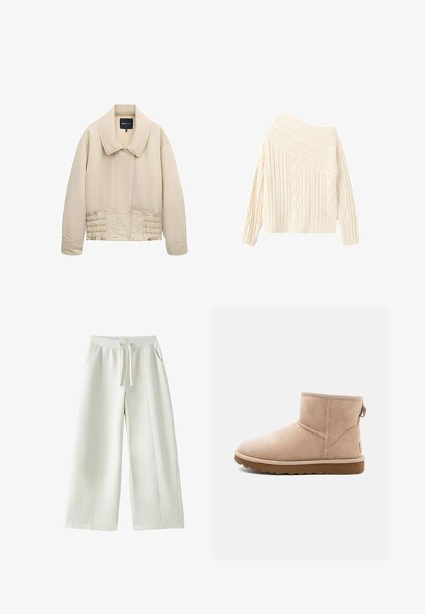Beige cropped jack met brede kraag, lange mouwen, gestikte details langs de taille en een verborgen voorsluiting.; Crèmekleurige gebreide trui met een off-shoulder ontwerp, voorzien van gestructureerde diamant- en ribpatronen, lange mouwen en een aansluitende zoom.; Witte broek met brede pijpen, elastische tailleband, trekkoord aan de voorkant, zijzakken en zichtbare naaddetails op een effen achtergrond.; Beige suède enkellaars met een ronde neus, gestikte accenten en een gestructureerde bruine rubberen zool. Beschikt over een trekband aan de achterkant.