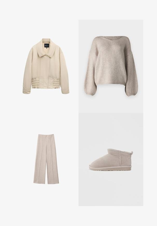Veste beige courte avec col large, manches longues, détails cousus le long de la taille et fermeture avant cachée.; Pull en tricot beige avec un large col en V, des manches longues bouffantes et un ourlet court. La texture est épaisse et douce, avec un design simple.; Pantalons larges beiges en tissu doux, avec des plis avant marqués et une taille haute cintrée, sans poches visibles.; Bottine en daim taupe avec bout arrondi, texture douce et détails de coutures minimaux. Semelle en caoutchouc plate pour le confort et la stabilité.