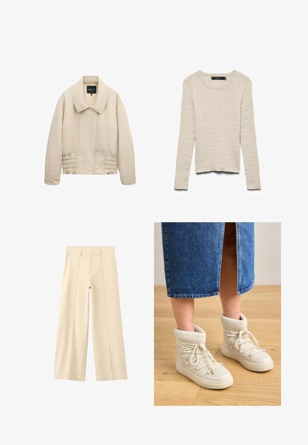 Beige cropped jakke med bred krave, lange ærmer, syninger langs taljen og en skjult lukning foran.; Beige kabelstrikket trøje med lange ærmer, rund halsudskæring, ribstrikkede manchetter og kant, lagt fladt med Vero Moda etiket indeni kraven.; Beige bukser med høj talje og vidde ben med bæltestropper og en front sømdetalje på hvert ben mod en hvid baggrund.; Beige ankelstøvler med en blød, strikket kant og hvide snørebånd. Sålen er tyk og struktureret, parret med en blå denimnederdel.