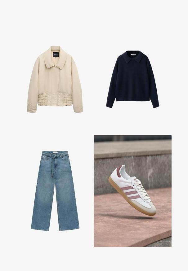 Beige cropped jakke med bred krave, lange ærmer, syninger langs taljen og en skjult lukning foran.; Marineblå strikket langærmet sweater med en bred, spids krave og en afslappet pasform på en hvid baggrund.; Bredde ben blå denim jeans med medium vask. Har en snøre i taljen, frontlomme og en simpel finish uden yderligere pynt.; Hvid og pink Adidas Samba sneaker med gummisål, der svæver over en stenoverflade med en sløret stenvæg i baggrunden.