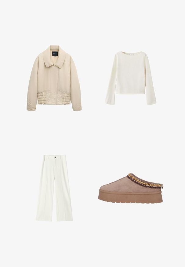 Beige cropped jack met brede kraag, lange mouwen, gestikte details langs de taille en een verborgen voorsluiting.; Off-white trui met lange mouwen, brede ronde halslijn en licht uitlopende mouwen, gemaakt van zachte gebreide stof.; Witte, wijde broek met hoge taille, voorplooien, tailleband met riemlussen en een zwarte knoopsluiting.; Bruine suède instap schoen met een dikke, gestructureerde zool, die intrigerende gele en bruine borduursels langs de bovenrand vertoont.
