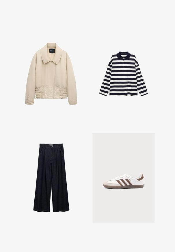 Beige kurz geschnittene Jacke mit weitem Kragen, langen Ärmeln, abgesteppten Details entlang der Taille und verdecktem Frontverschluss.; Langärmliges Poloshirt mit navyblauen und weißen horizontalen Streifen, einem klassischen Kragen und einer lockeren Passform. Hergestellt aus weichem, atmungsaktivem Stoff.; Dunkelblaue, weite High-Waist-Hosen aus Denim mit einem Knopfverschluss vorne, zwei Seitentaschen und Nähdetails.; Weißer Adidas Samba Sneaker mit braunen Veloursstreifen, brauner Velourspitze und Gummisohle auf hellgrauem Hintergrund.