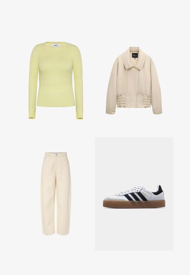 Beige cropped jakke med bred krave, lange ærmer, syninger langs taljen og en skjult lukning foran.; Ribbet langærmet sweater i lys gul med rund hals og slidser i siden ved kanten. Lavet af et strækbart, tekstureret stof.; Bukser i cremefarve med højt liv og vide ben, med forlommer, bæltestropper og knaplukning i taljen.; Hvide lædersneakers med sorte striber, gummirubber sål, rund tå, snørelukning og blød grå ruskinds tåhætte.