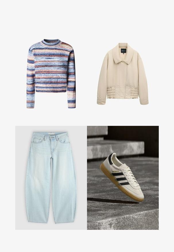 Beige cropped jack met brede kraag, lange mouwen, gestikte details langs de taille en een verborgen voorsluiting.; Multikleurige cropped trui met horizontale strepen. Het materiaal heeft een zachte, textuurrijke feel. Heeft een ronde halslijn en lange mouwen.; Lichtblauwe wijde jeans met knoop- en ritssluiting, voorzakken en riemlussen op een effen achtergrond.; Witte Adidas Spezial sneaker met zwarte strepen en gumzool, zwevend boven grijze stenen trappen buiten.