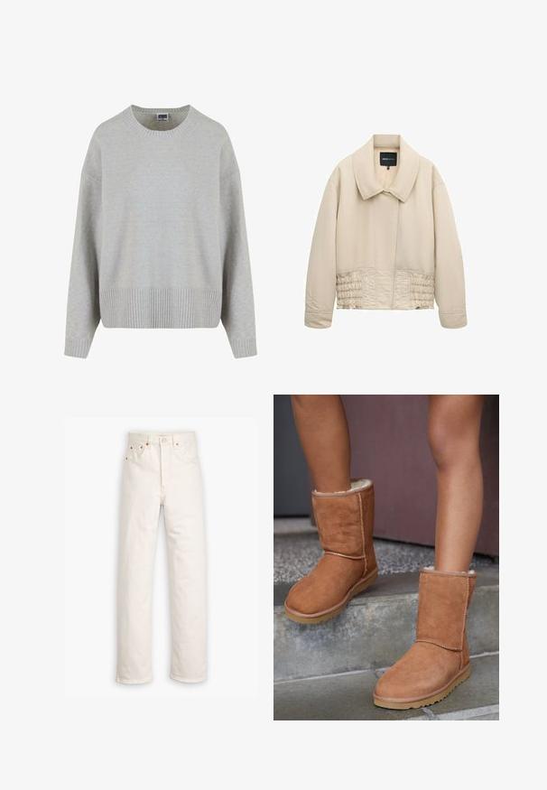Chaqueta corta beige con cuello ancho, mangas largas, detalles cosidos a lo largo de la cintura y cierre frontal oculto.; Suéter de punto gris claro con cuello redondo, hombros caídos y dobladillo acanalado. Textura suave y corte relajado.; Jeans de mezclilla blanca con un diseño de pierna recta, estilo de cinco bolsillos y detalles de hardware en color cobre. Acabado sin dobladillo en los tobillos.; Botas de tobillo de ante marrón con punta redonda, forro suave y suela de goma, con detalles de costura visibles a lo largo de las costuras.
