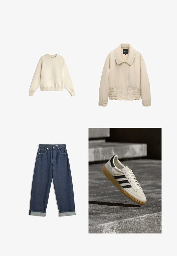 Veste beige courte avec col large, manches longues, détails cousus le long de la taille et fermeture avant cachée.; Sweat-shirt à manches longues de couleur crème avec col rond et poignets et ourlet côtelés, posé à plat sur un fond blanc.; Jean en denim bleu foncé à jambes larges avec des ourlets repliés, bouton et fermeture éclair à l'avant, passants de ceinture et cinq poches.; Baskets Adidas Spezial blanches avec des rayures noires et une semelle en gomme flottant au-dessus de marches en pierre grises à l'extérieur.