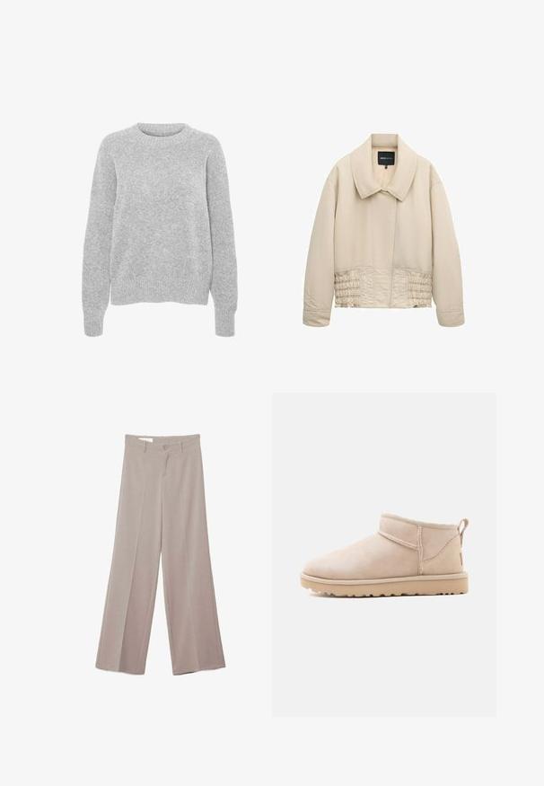 Veste beige courte avec col large, manches longues, détails cousus le long de la taille et fermeture avant cachée.; Pull en maille gris avec des manches longues, un col rond, des bords-côtes aux poignets et à l'ourlet, présentant une texture douce et une coupe décontractée.; Pantalon large beige avec devant plat, deux poches avant, fermeture par bouton, et une finition de tissu lisse légèrement texturé.; Bottine beige en daim avec semelle plate, coutures visibles et languette à l'arrière sur un fond blanc uni.