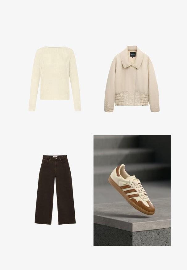 Veste beige courte avec col large, manches longues, détails cousus le long de la taille et fermeture avant cachée.; Pull en tricot de couleur crème avec un large col, des manches longues et un motif texturé. Bords côtelés aux poignets et aux bords inférieurs.; Jean en denim marron foncé à jambes larges, avec bouton et fermeture éclair à l'avant, poches avant avec rivets, et passants pour ceinture, posé à plat sur un fond blanc.; Baskets classiques avec une tige en cuir crème, des accents marron, trois bandes et une semelle en caoutchouc texturée. Elles présentent un bout arrondi et une fermeture à lacets.