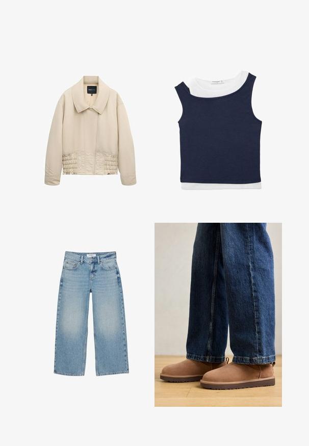 Veste beige courte avec col large, manches longues, détails cousus le long de la taille et fermeture avant cachée.; Débardeur court sans manches bleu marine superposé sur un haut blanc à manches courtes et col rond.; Jean large en denim bleu clair avec cinq poches, passants pour ceinture, et fermeture avant à bouton et fermeture éclair.; Bottines en daim marron avec une semelle plate, un bout arrondi et une petite languette, associées à un jean en denim bleu de coupe droite.