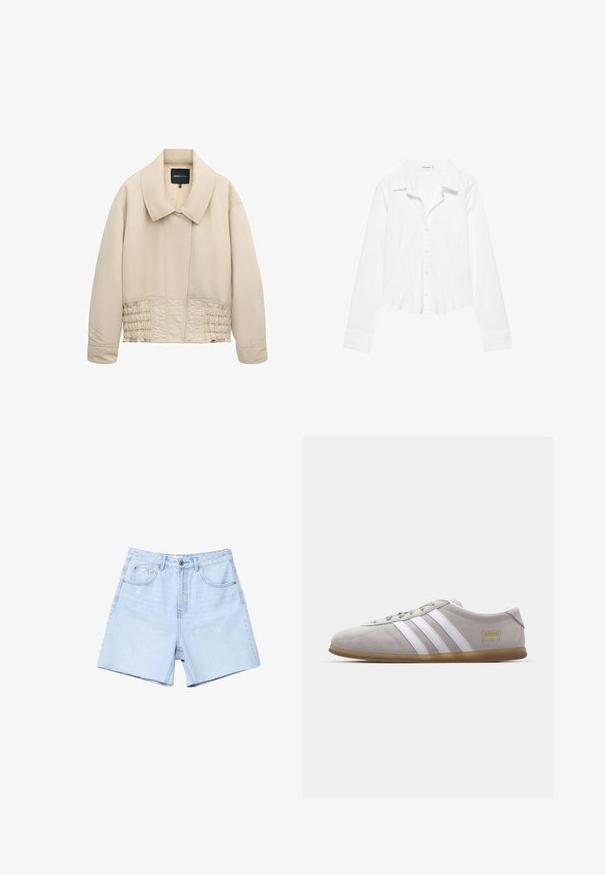 Beige cropped jakke med bred krave, lange ærmer, syninger langs taljen og en skjult lukning foran.; Hvid skjorte med lange ærmer, krave, let figursyet talje og manchetter med knapper, vist på en hvid baggrund.; Lys blå denimshorts med høj talje, flad front, fem lommer og rå kant. Stoffet er let slidte med subtle falmede detaljer.; Grå suedestøvle med hvide læderstriber og guldlogo-detalje. Flad gummisål, rund tå og klassisk snølukkedesign.
