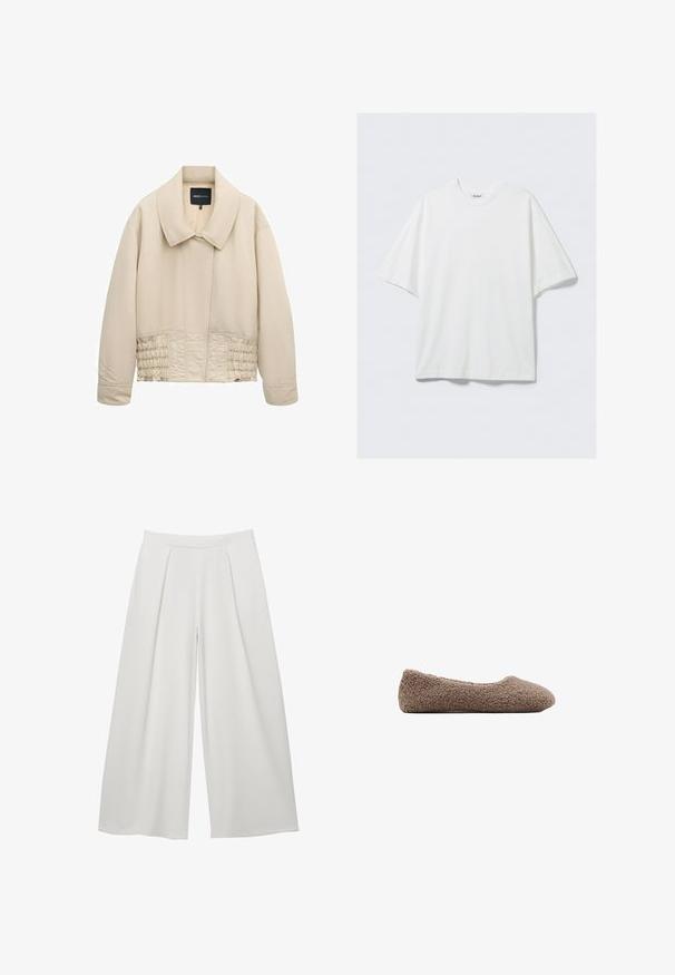 Beige cropped jack met brede kraag, lange mouwen, gestikte details langs de taille en een verborgen voorsluiting.; Wit oversized katoenen T-shirt met korte mouwen, ronde hals en een klein merkembleem aan de binnenkant van de kraag.; Witte broek met brede pijpen, hoge taille en plooien aan de voorkant, ontworpen voor een losse, vloeiende pasvorm.; Bruine, met fleece gevoerde ballerina met een ronde neus. Zachte textuur en naadloos ontwerp, met een low-profile silhouet. Geen zichtbare hardware.