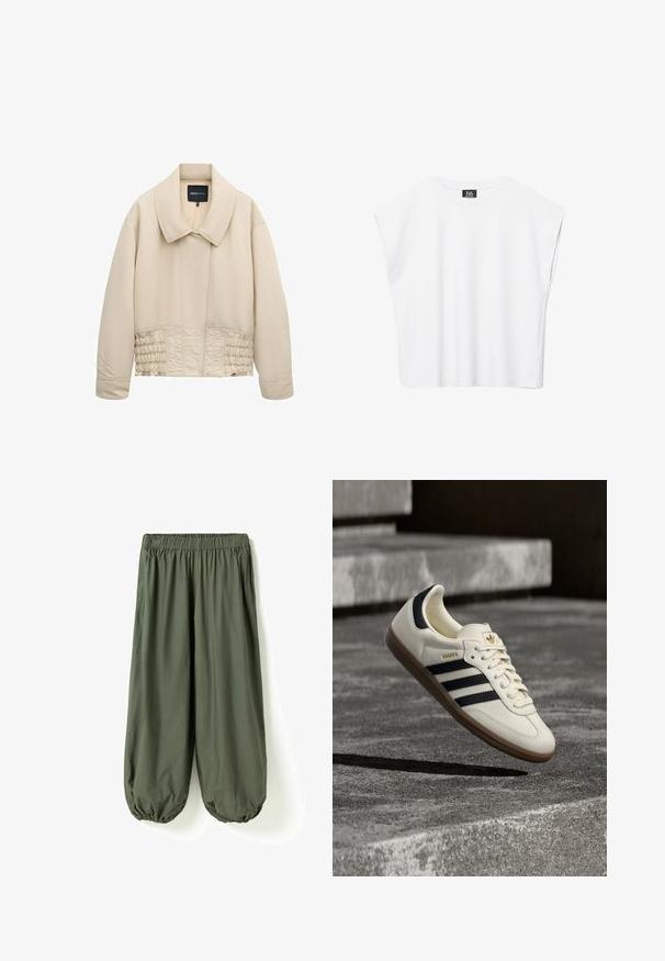 Veste beige courte avec col large, manches longues, détails cousus le long de la taille et fermeture avant cachée.; Haut court blanc sans manches à encolure ronde avec épaules larges et étiquette noire "B6" à l'intérieur du col.; Pantalon ample vert olive avec taille élastique et bas froncés, en tissu léger.; Baskets blanches Adidas Samba avec des bandes noires et une semelle en gomme, flottant au-dessus de marches en béton gris texturé.