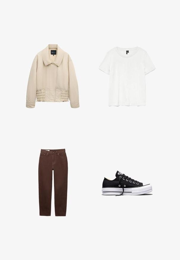 Beige cropped jack met brede kraag, lange mouwen, gestikte details langs de taille en een verborgen voorsluiting.; Witte t-shirt met korte mouwen en een ronde hals, gemaakt van lichte stof. Eenvoudig ontwerp, gladde textuur en rechte zoom.; Bruine jeans met rechte pijpen, voorzien van een voorste knoop- en ritsluiting, en een ontwerp met vijf zakken op een witte achtergrond.; Zwarte lage canvas sneaker met witte rubberen plateauzool, zwarte veters en metalen oogjes op een witte achtergrond.
