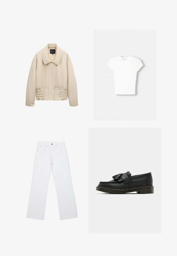 Beige cropped jakke med bred krave, lange ærmer, syninger langs taljen og en skjult lukning foran.; Hvid kortærmet t-shirt lavet af blød bomuld, med rund halsudskæring og en tætsiddende form. Ingen synlige mønstre eller udsmykninger.; Hvide jeans med lige ben, fem lommer, bæltestropper og lukning foran med knap og lynlås, lagt fladt på en hvid baggrund.; Sorte læder loafers med rund tå, der har frynse detaljer og et dekorativt bånd på tværs af fronten, sat på en kraftig hæl.