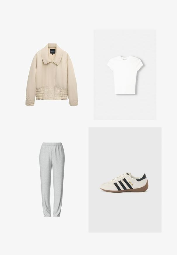 Beige cropped jack met brede kraag, lange mouwen, gestikte details langs de taille en een verborgen voorsluiting.; Witte t-shirt met korte mouwen van zachte katoen, met een ronde halslijn en een getailleerde vorm. Geen zichtbare patronen of versieringen.; Grijze sweatpants met een elastische tailleband, taps toelopend ontwerp, zachte textuur en zonder zichtbare patronen of hardwaredetails.; Witte Adidas-sneaker met zwarte strepen, bruine gestructureerde zool en gouden "SPEZIAL"-letters aan de zijkant, gezien vanaf de buitenkant.