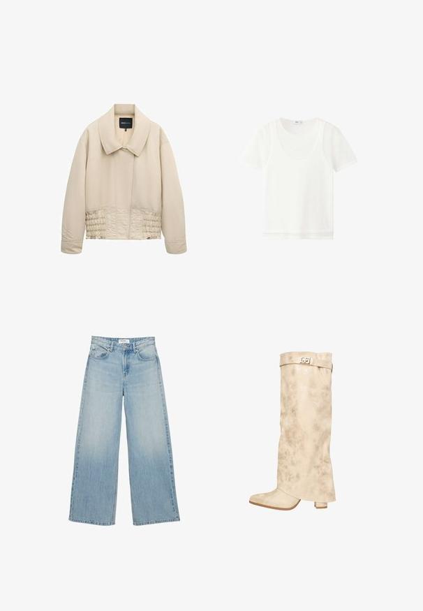 Beige cropped jakke med bred krave, lange ærmer, syninger langs taljen og en skjult lukning foran.; Hvid kortærmet lag-på-lag t-shirt med rund halsudskæring og let gennemsigtigt stof, vist på en ensfarvet hvid baggrund.; Lyseblå højtaljede jeans med vide ben, forlommer, knaplukning og bæltestropper på en hvid baggrund.; Knæhøj creme syntetisk læderstøvle med en subtil glans, tekstureret overflade, blokhæl og en rem med en metallisk spænde øverst.