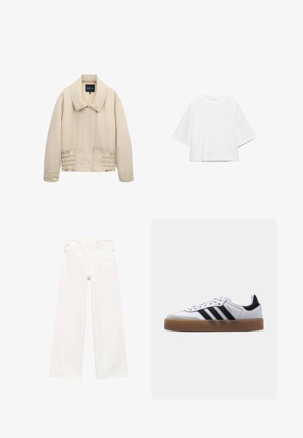 Beige cropped jack met brede kraag, lange mouwen, gestikte details langs de taille en een verborgen voorsluiting.; Wit, kort mouw, boxy t-shirt gemaakt van zacht katoen. Heeft een ronde hals en brede mouwen, met een strak, eenvoudig ontwerp.; Witte hoge taille wijde pijpen jeans met een rits en knoopsluiting aan de voorkant, twee voorke pockets en lussen voor een riem.; Witte leren sneakers met zwarte strepen, gumrubberen buitenzool, ronde neus, vetersluiting en een zachte grijze suède neuskap.