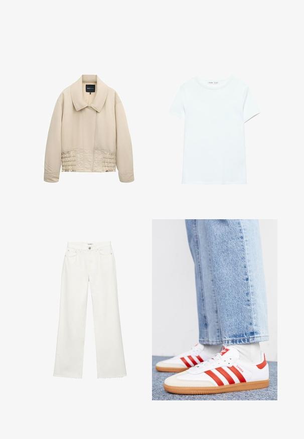 Veste beige courte avec col large, manches longues, détails cousus le long de la taille et fermeture avant cachée.; T-shirt blanc uni en coton à manches courtes, col rond, présenté à plat sur un fond blanc, sans motifs ni logos visibles.; Pantalon en jean blanc à jambe large avec poches avant, passants de ceinture, fermeture par bouton et ourlets bruts.; Baskets en cuir blanc avec des rayures et des accents rouges. Dotées d'une semelle extérieure en gomme texturée et d'un col rembourré. Portées avec un jean en denim bleu clair.