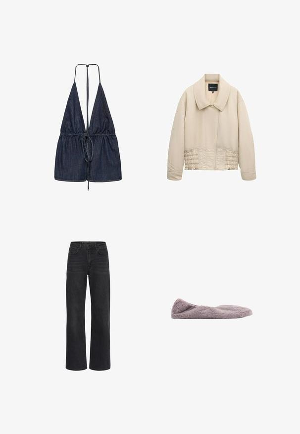 Beige cropped jakke med bred krave, lange ærmer, syninger langs taljen og en skjult lukning foran.; Jeans-overdel med en dyb V-udskæring og justerbare bånd. Har samlet stof ved taljen med en indsnævret design, i en mørkeblå nuance.; Svarte højtaljede jeans med vide ben, forlommer og bæltestropper, lavet af denimstof.; Lys lilla slippers med en blød, luksuriøs tekstur, rund form og minimalistisk design. Har en lav profil for nem på- og aftagning.