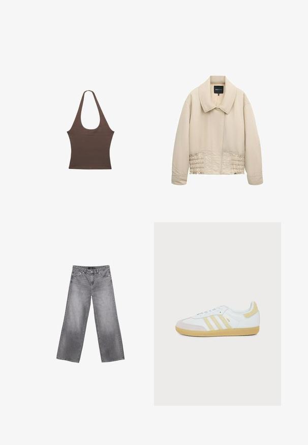Veste beige courte avec col large, manches longues, détails cousus le long de la taille et fermeture avant cachée.; Haut marron sans manches à col licou avec un profond décolleté en U et une taille cintrée, présenté sur un fond blanc.; Jeans gris à jambes larges avec poches avant, passants de ceinture et fermeture par bouton, présentant des détails délavés sur les cuisses et les genoux.; Baskets blanches Adidas Samba avec des accents en daim beige, trois bandes texturées et une semelle en gomme, vues de côté sur fond blanc.