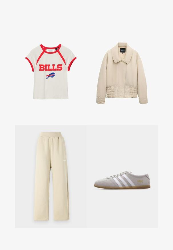 Veste beige courte avec col large, manches longues, détails cousus le long de la taille et fermeture avant cachée.; Chemise blanche à manches courtes avec bordure rouge, texte "BILLS" en rouge, et logo de buffle bleu avec une bande rouge en dessous du texte sur le devant.; Pantalons de survêtement beige à jambes larges en tissu doux, dotés d'une taille élastique, de poches latérales et d'un petit logo brodé.; Baskets en daim gris avec des rayures en cuir blanc et un logo doré. Semelle en gomme plate, bout rond et design classique à lacets.