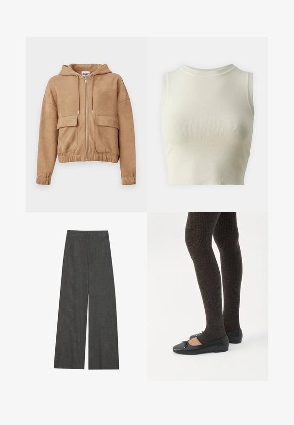 Hoodie zippé beige clair en tissu doux, doté de deux poches avant, d'une capuche et de poignets et d'un ourlet élastiques pour un ajustement confortable.; Top sans manches côtelé beige clair avec un col montant et un design ajusté, doté d'une texture douce et d'un motif homogène sur l'ensemble du tissu.; Pantalons évasés en tissu côtelé gris anthracite, avec une taille haute et des rayures verticales pour de la texture et du détail.; Jambes portant des leggings côtelés foncés associés à des ballerines noires avec de petits détails en nœud sur fond blanc.
