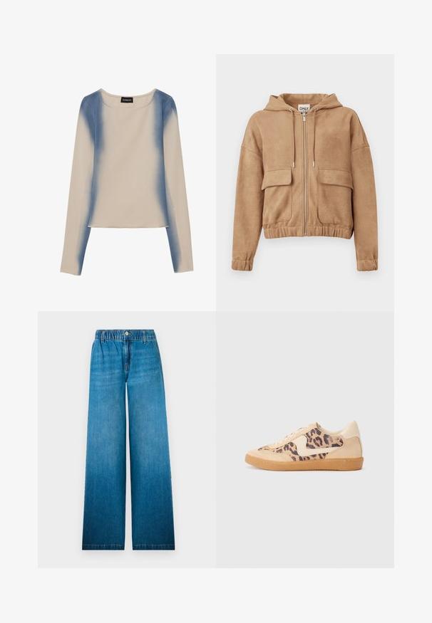 Sudadera con cremallera de color marrón claro hecha de un tejido suave, con dos bolsillos frontales, capucha y puños y dobladillo elásticos para un ajuste cómodo.; Camiseta de manga larga en color beige claro, con un diseño en degradado azul. Textura suave, con cuello redondo y línea de dobladillo recta.; Jeans de pierna ancha fabricados en denim azul claro, con una cinturilla elástica, cierre de botón y un diseño de corte recto con efecto desvanecido.; Zapatillas de leopardo con parte superior de ante beige, suela de goma marrón y acentos blancos. Punta redonda y diseño con cordones con un acabado texturado.